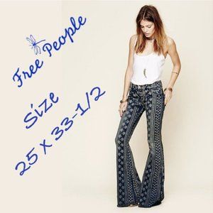 Free People Bali Mantra Indigo Printed Flare Bell Bottoms Dark Rinse 25 NWOT